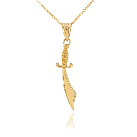 10K Solid Gold Scimitar Sword Detailed Handle Necklace - Yellow, Rose, or White
